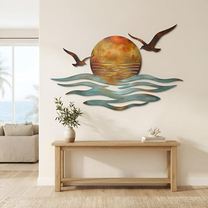 Coastal Metal Wall Art, Ocean Sunset and Seagull Decor, Beach House Wall Hanging, Nautical Wave Art, Seaside Home Decor, Nature Gift