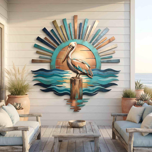 Nautical Pelican Metal Wall Decor, Metal Sun Decor, Pelican Metal Wall Art, Coastal Home Decor, Outdoor Decor, Man Cave Sign