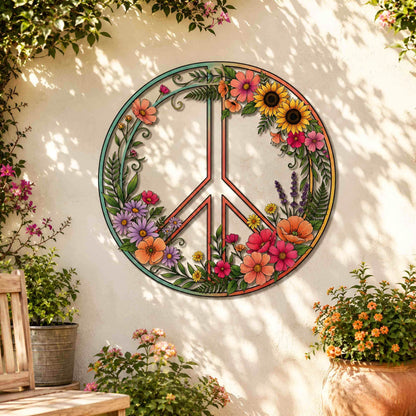 Peace Sign Metal Wall Art, Peace Symbol Wall Hanging, Wildflower Botanical Decor, Bohemian Decor, Boho Living Room Decor, Housewarming Gift