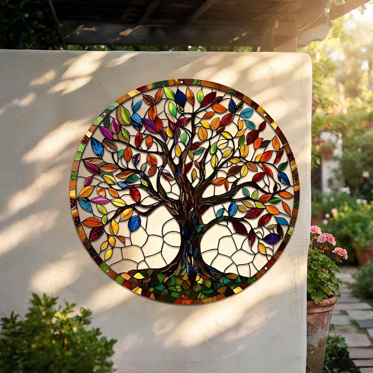 Colorful Tree of Life Metal Wall Art, Rainbow Leaf Nature Decor, Round Botanical Wall Hanging, Family Tree Gift, Home Accent