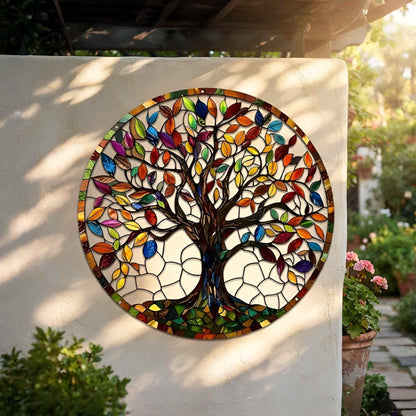 Colorful Tree of Life Metal Wall Art, Rainbow Leaf Nature Decor, Round Botanical Wall Hanging, Family Tree Gift, Home Accent