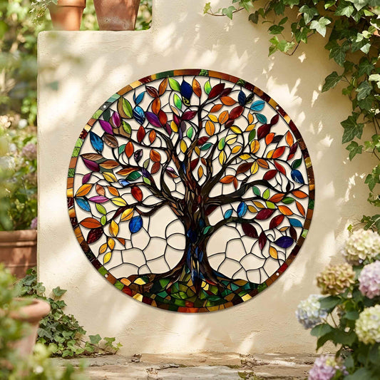 Colorful Tree of Life Metal Wall Art, Rainbow Leaf Nature Decor, Round Botanical Wall Hanging, Family Tree Gift, Home Accent