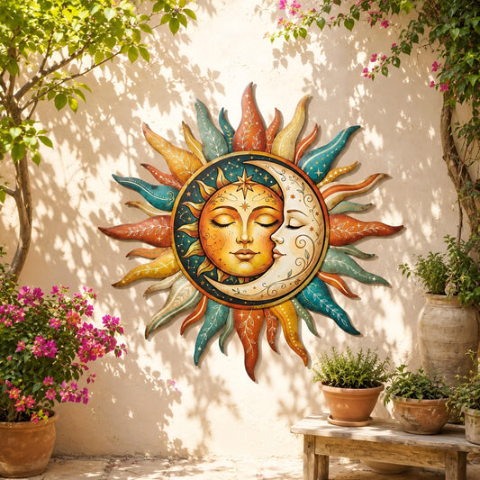 Celestial Sun and Moon Metal Wall Art, Colorful Boho Garden Decor, Outdoor Garden Wall Hanging, Nature Lover Gift