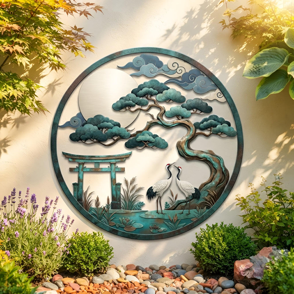 Japanese Zen Metal Wall Art, Crane Wall Hanging, Zen Metal Wall Art, Bonsai Tree Wall Art, Outdoor Garden Decor, Patio Wall Decor