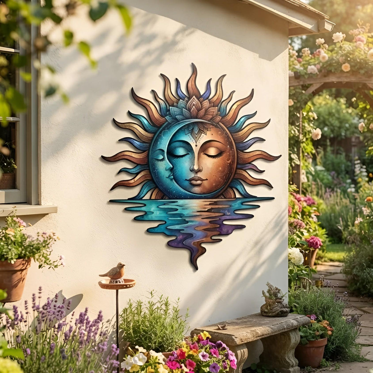 Sun and Moon Metal Wall Art, Celestial Outdoor Decor, Boho Sun Moon Wall Hanging, Cosmic Patio Garden Decor, Nature Gift