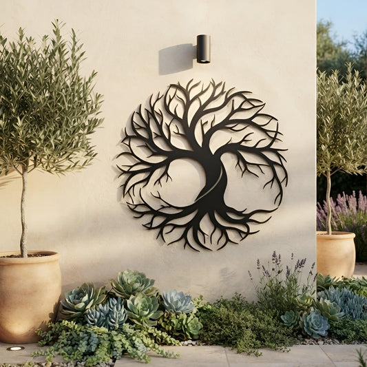 Metal Tree of Life Wall Art, Black Outdoor Garden Decor, Round Nature Wall Hanging, Patio Porch Housewarming Gift, Home Decor