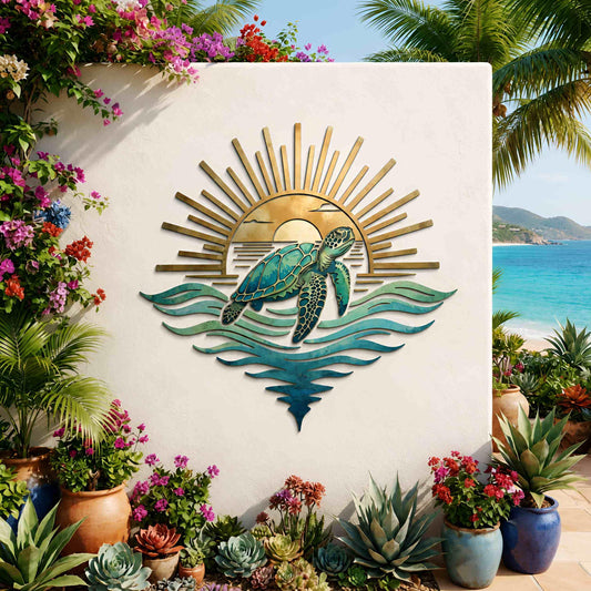 Sea Turtle Metal Wall Art, Ocean Sunrise Coastal Decor, Tropical Beach House Wall Hanging, Outdoor Beach Home Decor, Turtle Lover Gift