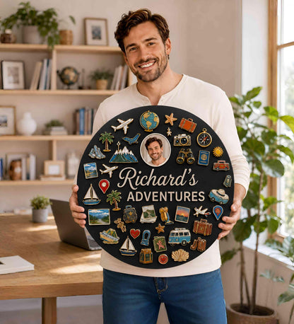 Personalized Travel Manage Wall Sign, Custom Name Adventure Decor, Photo Travel Memory Wall Art, Traveler Gift, Round Wall Decor