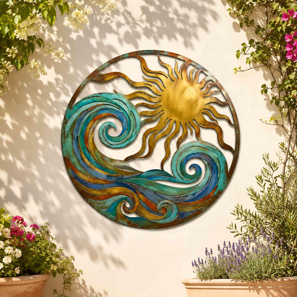 Coastal Sun Metal Wall Decor, Ocean Wave Wall Art, Rustic Beach House Decor, Round Outdoor Garden Metal Hanging, Nature Gift