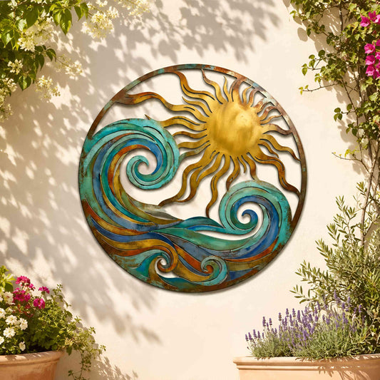 Coastal Sun Metal Wall Decor, Ocean Wave Wall Art, Rustic Beach House Decor, Round Outdoor Garden Metal Hanging, Nature Gift