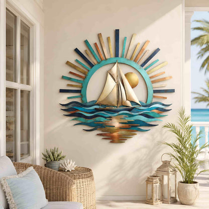 Metal Sailboat Wall Art, Coastal Ocean Decor, Nautical Sunset Wall Hanging, Beach House Patio and Porch Decor, Beach House Gift