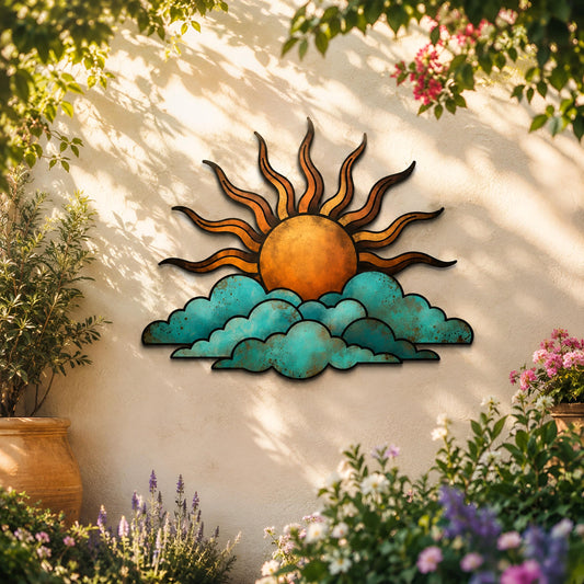 Celestial Sun Metal Wall Art, Cloud Outdoor Decor, Sunshine Garden Sign, Outdoor Wall Hanging, Turquoise Cloud Decor, Nature Lover Gift