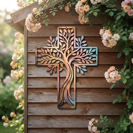 Tree of Life Cross Metal Wall Art, Christian Wall Decor, Religious Garden Sign, Faith Inspired Outdoor Home Decor, New Home Gift
