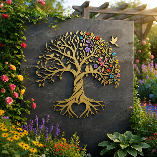 Tree of Life Metal Wall Art, Birds and Flowers Garden Decor, Nature Inspired Outdoor Wall Hanging, Nature Lover Home Decor