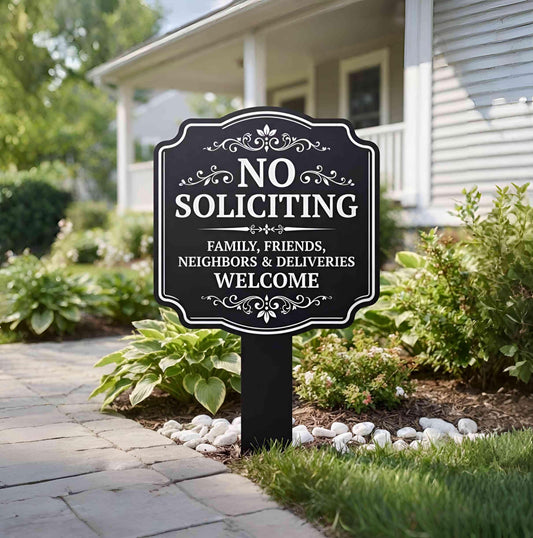 No Soliciting Yard Sign, Family Friends Neighbors Deliveries Welcome, Outdoor Front Porch Garden Stake Sign, Home Decor