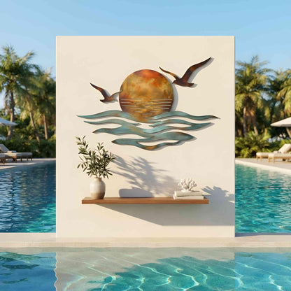 Coastal Metal Wall Art, Ocean Sunset and Seagull Decor, Beach House Wall Hanging, Nautical Wave Art, Seaside Home Decor, Nature Gift
