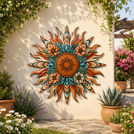 Boho Sun Metal Wall Art, Colorful Floral Garden Decor, Southwestern Outdoor Wall Hanging, Rustic Patio Sun Decoration
