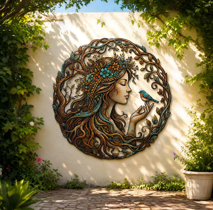 Mother Nature Metal Wall Art, Woman and Bird Garden Decor, Botanical Lady Wall Sculpture, Boho Outdoor Art, Nature Lover Gift