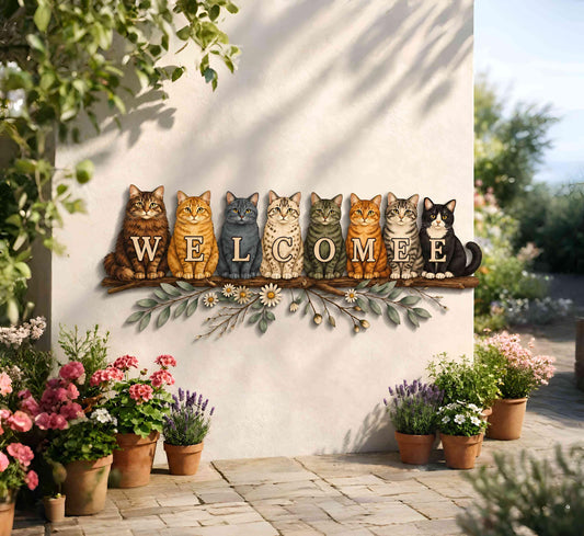 Colorful Cat Welcome Metal Wall Art, Rustic Cat Porch Sign, Cat Lover Housewarming Gift, Outdoor Entryway Decor, Cat Lover Gift