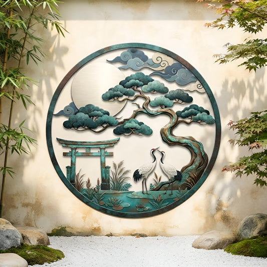 Japanese Zen Metal Wall Art, Crane Wall Hanging, Zen Metal Wall Art, Bonsai Tree Wall Art, Outdoor Garden Decor, Patio Wall Decor