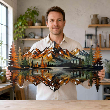 Mountain Lake Metal Wall Art, Mountain Forest Landscape Wall Decor, Rustic Cabin Decor, Nature Metal Art, Lake House Decor,Housewarming Gift