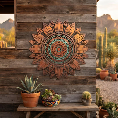 Sunflower Mandala Metal Wall Art, Boho Sun Metal Wall Art, Outdoor Garden Wall Hanging, Southwestern Patio Wall Decor, Nature Gift