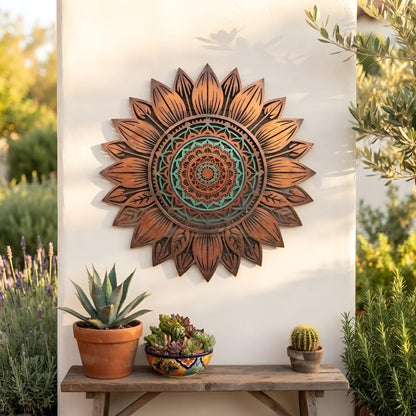 Sunflower Mandala Metal Wall Art, Boho Sun Metal Wall Art, Outdoor Garden Wall Hanging, Southwestern Patio Wall Decor, Nature Gift