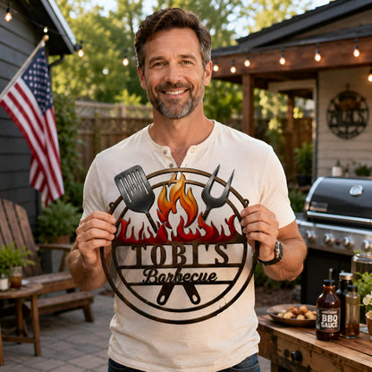 Personalized BBQ Metal Sign, Custom Barbecue Grill Decor, Outdoor Kitchen Wall Art, Grilling Gift for Dad, Backyard Patio Sign