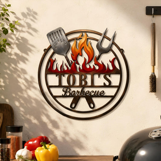 Personalized BBQ Metal Sign, Custom Barbecue Grill Decor, Outdoor Kitchen Wall Art, Grilling Gift for Dad, Backyard Patio Sign