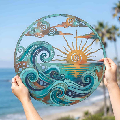 Ocean Wave Metal Wall Art, Coastal Sunset Decor, Beach House Wall Hanging, Nautical Outdoor Wall Art, Nature Lover Gift