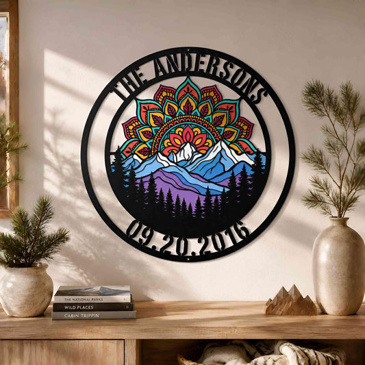 Mandala Mountain Metal Wall Art, Custom Family Name Sign,  Mandala Nature Decor, Anniversary Date Sign, Rustic Home Gift
