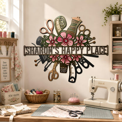Personalized Sewing Room Metal Sign, Custom Sewing Wall Decor, Floral Sewing Tools Metal Sign, Seamstress Gift, Craft Room Decor