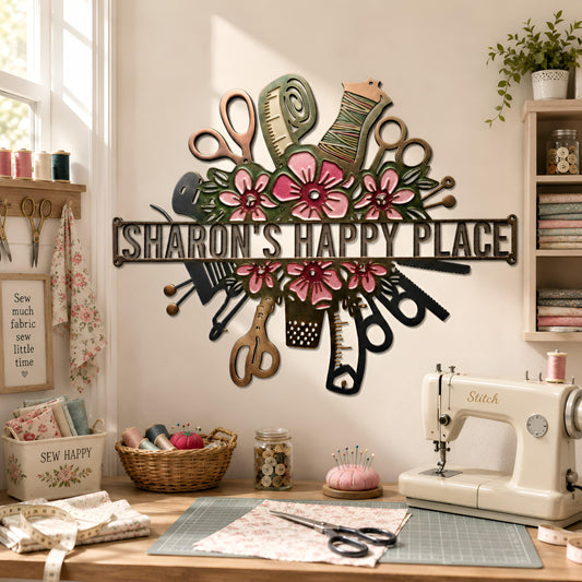 Personalized Sewing Room Metal Sign, Custom Sewing Wall Decor, Floral Sewing Tools Metal Sign, Seamstress Gift, Craft Room Decor