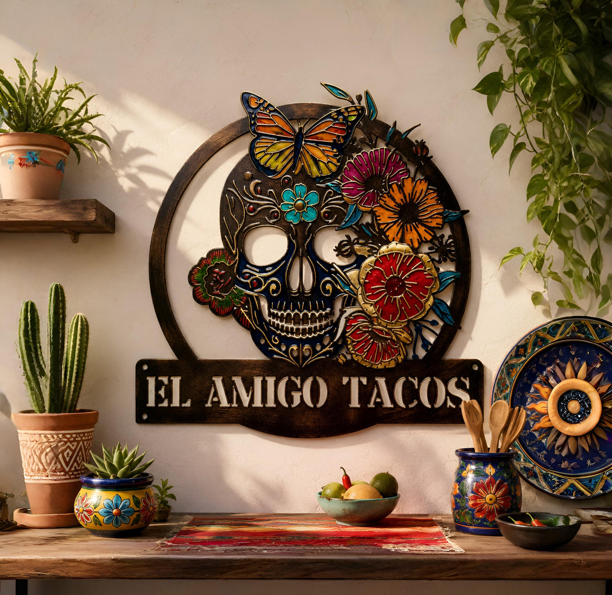 Personalized Sugar Skull Metal Sign,Custom Skull Wall Art For room Decor,Skull Wall Hanging,Man Cave Decor,Skull Metal Art