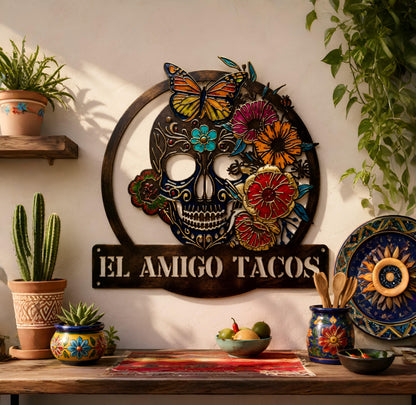 Personalized Sugar Skull Metal Sign,Custom Skull Wall Art For room Decor,Skull Wall Hanging,Man Cave Decor,Skull Metal Art