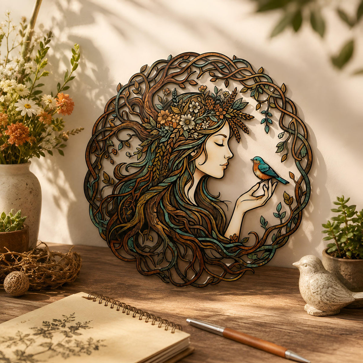 Botanical Woman Metal Wall Art, Nature Goddess Decor, Boho Nature Decor, Outdoor Garden Wall Hanging, Rustic Nature Gift