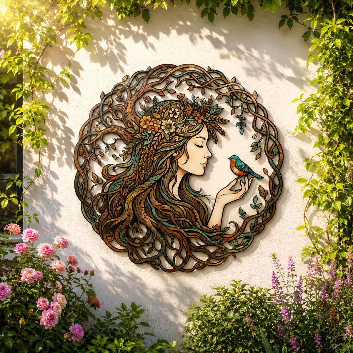 Botanical Woman Metal Wall Art, Nature Goddess Decor, Boho Nature Decor, Outdoor Garden Wall Hanging, Rustic Nature Gift