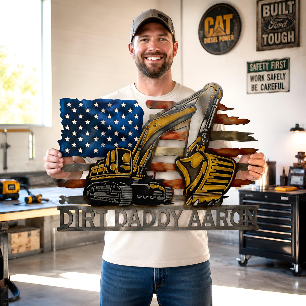 Personalized Excavator Metal Sign, Construction Worker Wall Art, Custom Heavy Equipment Decor, American Flag Garage Sign, Man Cave Decor