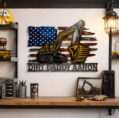 Personalized Excavator Metal Sign, Construction Worker Wall Art, Custom Heavy Equipment Decor, American Flag Garage Sign, Man Cave Decor