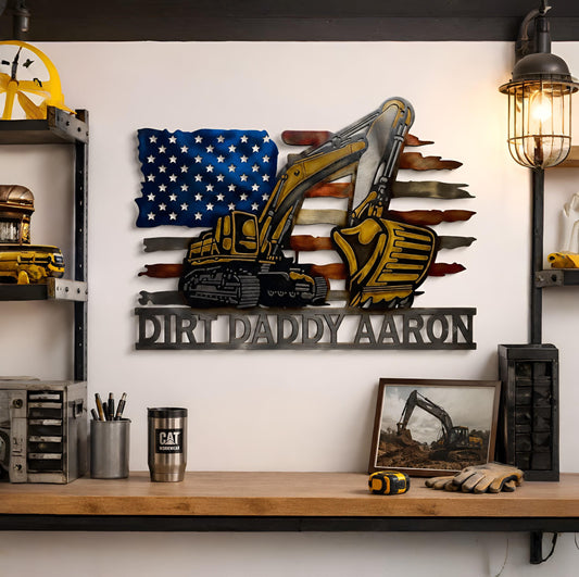 Personalized Excavator Metal Sign, Construction Worker Wall Art, Custom Heavy Equipment Decor, American Flag Garage Sign, Man Cave Decor