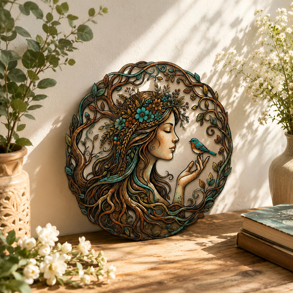 Mother Nature Metal Wall Art, Woman and Bird Garden Decor, Botanical Lady Wall Sculpture, Boho Outdoor Art, Nature Lover Gift