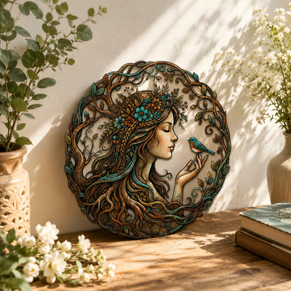 Mother Nature Metal Wall Art, Woman and Bird Garden Decor, Botanical Lady Wall Sculpture, Boho Outdoor Art, Nature Lover Gift