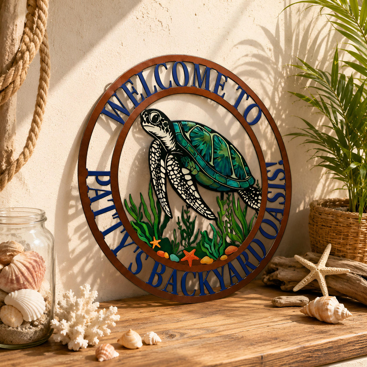 Personalized Sea Turtle Welcome Sign, Custom Backyard Oasis Decor, Coastal Outdoor Wall Art, Beach House Patio Sign, Ocean Beach House Gift