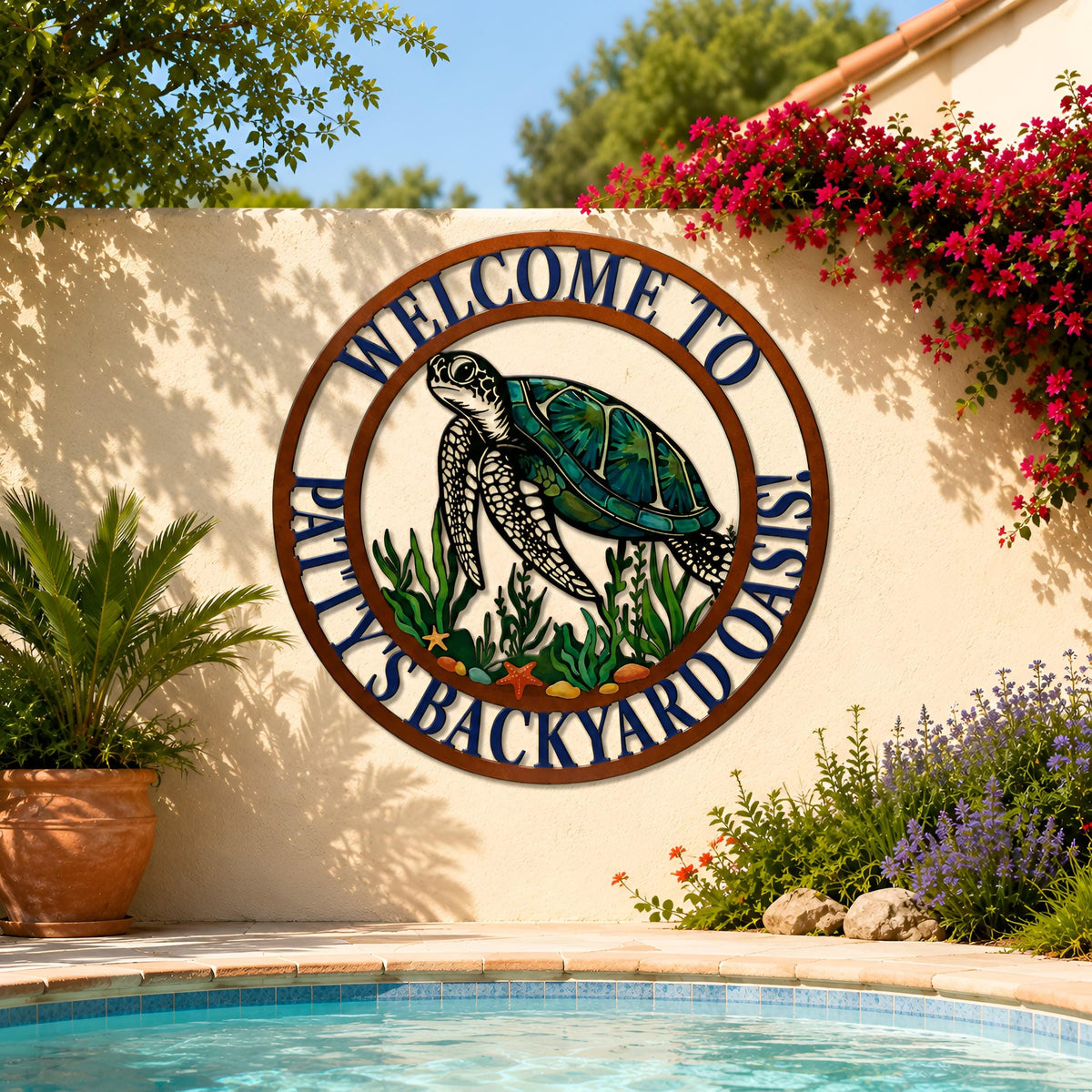 Personalized Sea Turtle Welcome Sign, Custom Backyard Oasis Decor, Coastal Outdoor Wall Art, Beach House Patio Sign, Ocean Beach House Gift