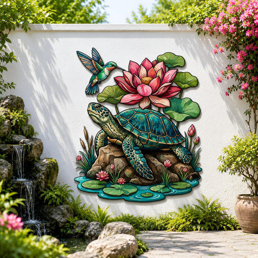 Turtle Lotus Metal Wall Art, Hummingbird Garden Decor, Outdoor Nature Patio Fence Wall Accent, Colorful Nature Patio Yard Decor