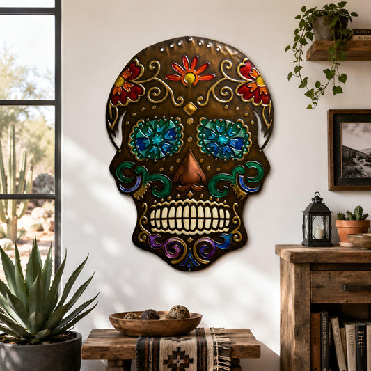 Sugar Skull Metal Wall Art, Colorful Floral Skull Decor, Mexican Inspired Wall Hanging, Gothic Home Decor, Skull Lover Gift