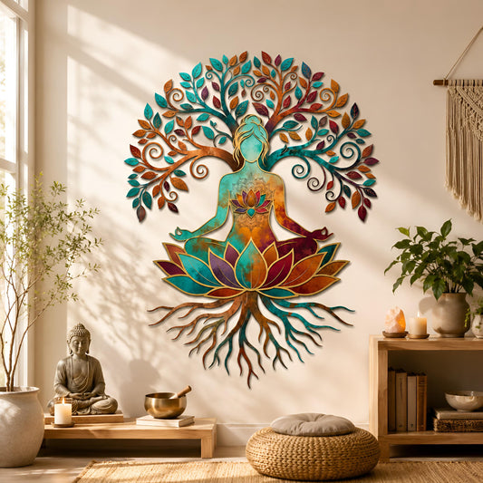 Meditation Tree of Life Metal Wall Art, Lotus Yoga Wall Hanging, Mindfulness Room Decor, Colorful Boho Wall Hanging, Yoga Studio Decor