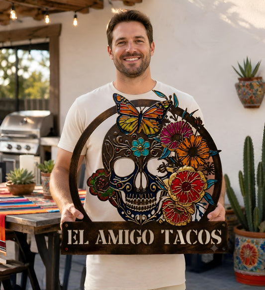 Personalized Sugar Skull Metal Sign,Custom Skull Wall Art For room Decor,Skull Wall Hanging,Man Cave Decor,Skull Metal Art