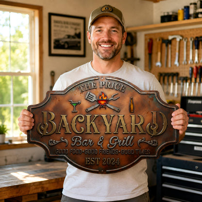 Personalized Backyard Bar & Grill Metal Sign, Custom Family Name BBQ Decor, Outdoor Patio Wall Art, Grilling Gift