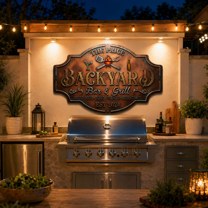 Personalized Backyard Bar & Grill Metal Sign, Custom Family Name BBQ Decor, Outdoor Patio Wall Art, Grilling Gift